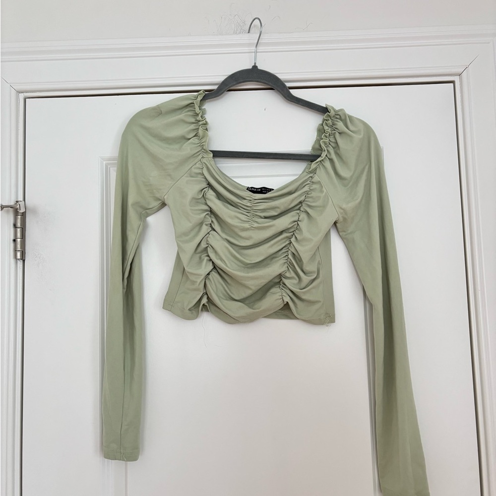 Ruched Scoop Neck Off the Shoulder Long-Sleeve Crop Top — Sage Green
